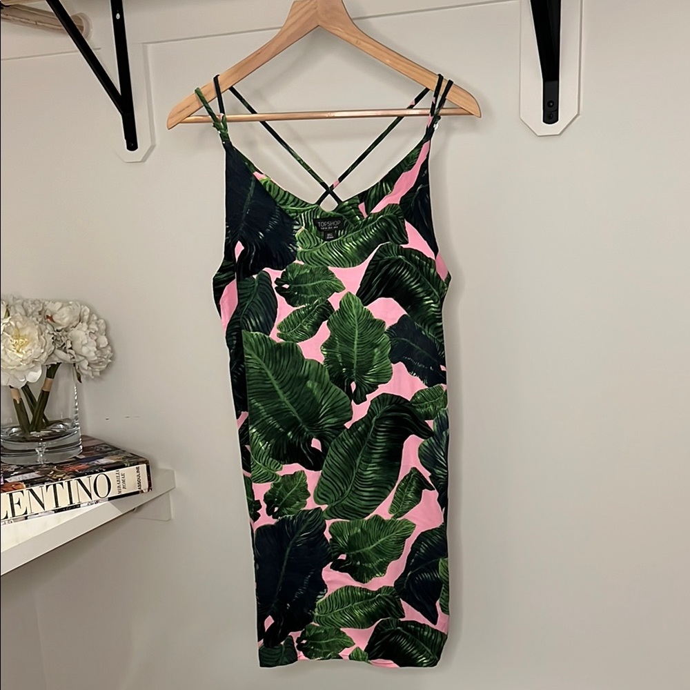 Topshop Green Palm Leaf Print & Pink Dress
